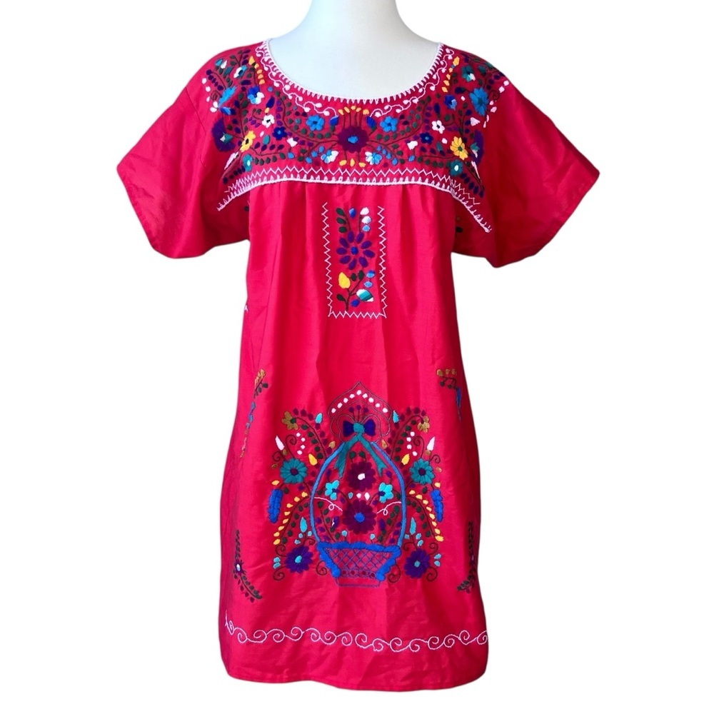 Liliana Cruz Red Traditional Handmade Floral Embroidered Mexican Peasant Dress